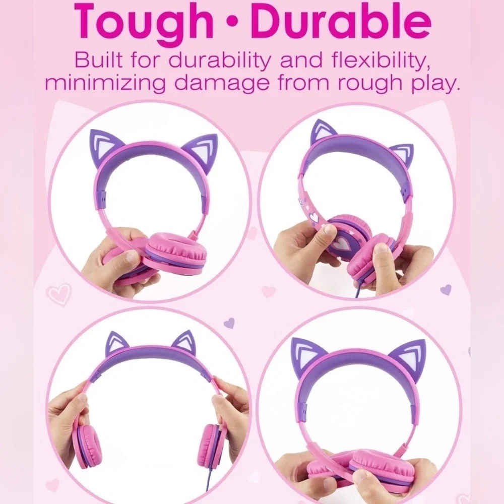 Kids Headphones LED Cat Ears On-Ear Wired Laced Tangle-Free Cables Girls Travel